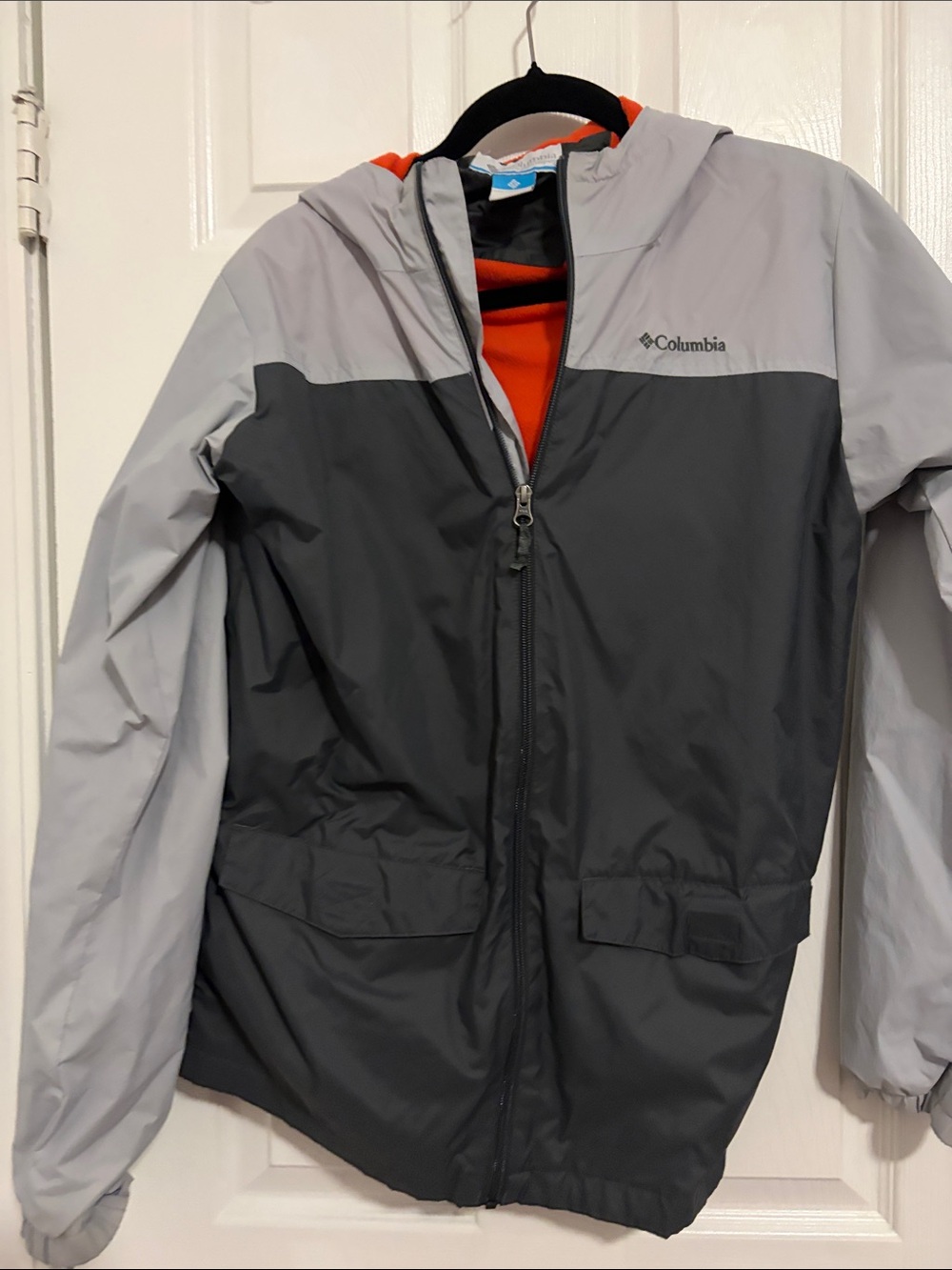 Columbia Kids Two-Tone Gray Hooded Raincoat with Orange Lining